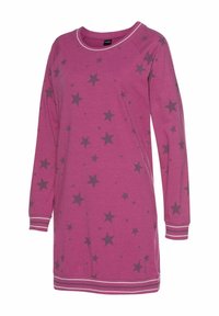 Pink long-sleeve nightdress with star pattern in dark gray; ribbed neckline and cuffs; stripes at the hem. Soft fabric with a relaxed fit.