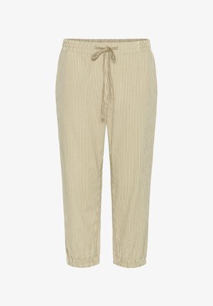 Pantalons rayés beige avec une taille élastique, un lien de serrage et des poignets fuselés. Fabriqués en tissu léger avec une texture douce.