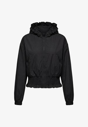 Schwarze leichte Jacke mit geraffter Kapuze, durchgehendem Frontreißverschluss, elastischen Bündchen und gerafftem elastischem Taillenbund mit Rüschenabschluss.