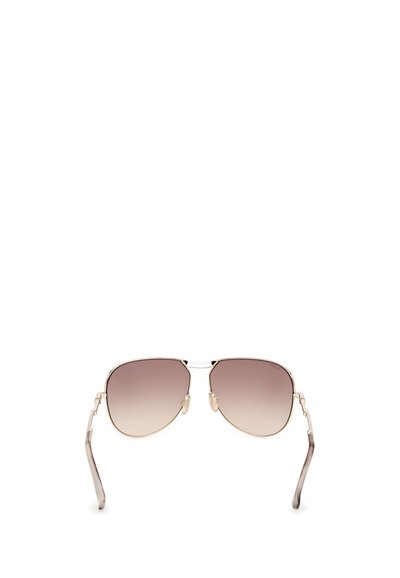 Occhiali da sole aviator con lenti gradiente marroni, montatura in metallo dorato e punte in plastica trasparente sulle aste. Design semplice senza ulteriori motivi.