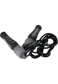 Svart hopprep med grå gummigrepp och texturerade ytor. Handtagen är cylindriska med en spiralformad svart sladd som kopplar ihop dem.