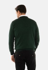 Maglione lavorato a maglia verde scuro con collo rotondo, polsini e orlo a coste. Indossato sopra pantaloni neri con tasche posteriori abbottonate.