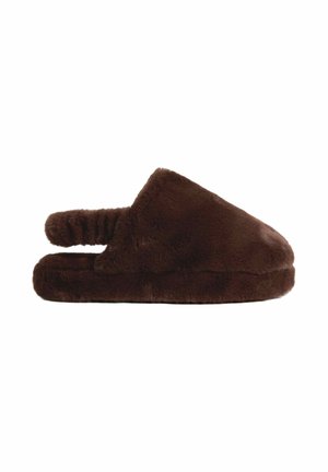 Brune, fluffy slippers med et åbent bagside-design og blød tekstur. Har en tyk, polstret sål for komfort og varme.