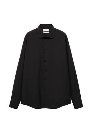Cămașă neagră cu mânecă lungă și guler tip button-down, având o siluetă dreaptă și închidere frontală cu nasturi, confecționată dintr-un material neted.