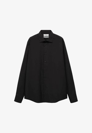 Črna majica z dolgimi rokavi in ovratnikom na gumb, z ravno silhueto in sprednjim zapiranjem na gumbe iz gladkega materiala.