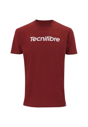 Camiseta burdeos de manga corta con cuello redondo y texto blanco ""Tecnifibre"" centrado en el pecho y una pequeña etiqueta con el logo cerca del dobladillo.