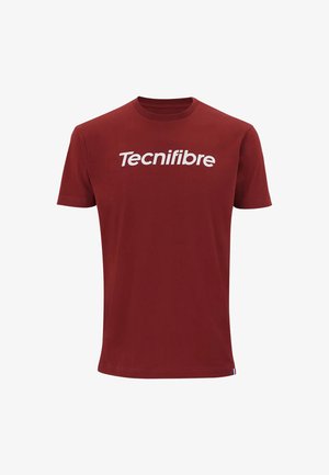 Camiseta burdeos de manga corta con cuello redondo y texto blanco ""Tecnifibre"" centrado en el pecho y una pequeña etiqueta con el logo cerca del dobladillo.