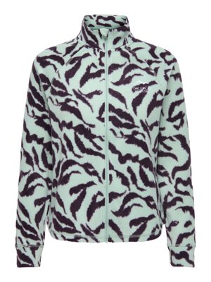 Jachetă din fleece albastru deschis cu imprimeu abstract negru cu animale, fermoar frontal complet, guler înalt și mic logo "Only Play Explore" pe piept.