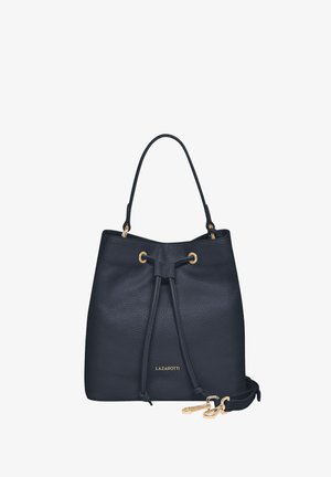 Sac en cuir noir en forme de seau avec fermeture à cordon, poignée unique, bandoulière amovible et quincaillerie dorée portant la mention "Lazarotti".