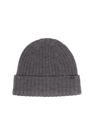 Szara, żeberkowa czapka beanie z podwiniętym mankietem. Wykonana z teksturowanej tkaniny, posiada małą czarną metkę w kształcie gwiazdki z boku.