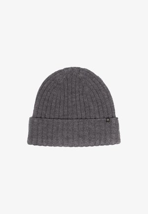 Szara, żeberkowa czapka beanie z podwiniętym mankietem. Wykonana z teksturowanej tkaniny, posiada małą czarną metkę w kształcie gwiazdki z boku.