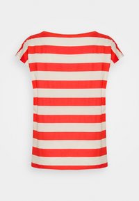Short-sleeve T-shirt with wide horizontal red and beige stripes, shown from the back on a white background.