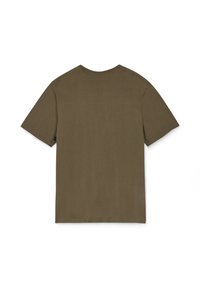 Olivengrøn bomulds-t-shirt med rund hals og korte ærmer. Glat tekstur, minimalistisk design og ingen synlige logoer eller mønstre.