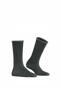 Chaussettes gris foncé montant jusqu'au genou, en matériau texturé avec des revers renforcés et une conception sans couture au niveau des orteils. Fini lisse, adaptées au port quotidien.