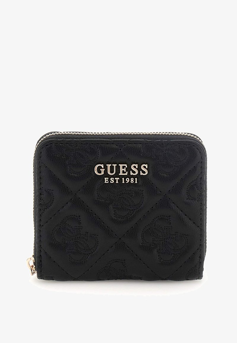Black quilted faux leather wallet featuring embossed logo pattern, gold-tone hardware, and a zip closure for secure storage.