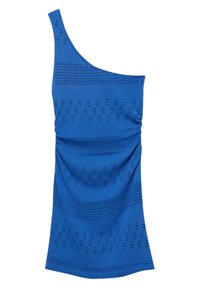 Schulterfreies, gestricktes Oberteil in leuchtendem Blau. Verfügt über strukturierte Muster und Raffung an der Seite für zusätzliche Dimension.