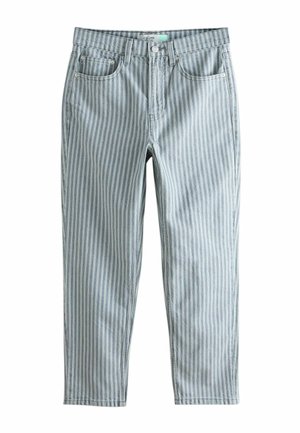 Hellblaue Jeans mit weißen vertikalen Streifen, vorne mit Knopf und Reißverschluss, Gürtelschlaufen und Fünf-Taschen-Design, flach liegend.