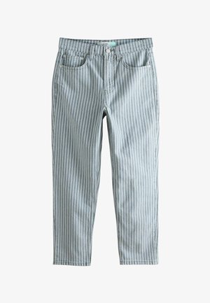 Light blue jeans with white vertical stripes, front button and zipper, belt loops, and five-pocket design laid flat.