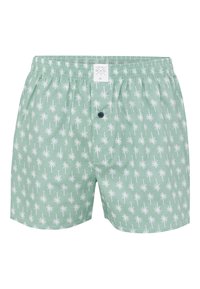 Lichtgroene shorts met een wit palmbomenpatroon, elastische taille, voorste knoop en een klein merketiket op de tailleband.