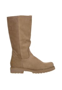 Botas de cuero marrón claro hasta la rodilla con puntera redondeada y suela de goma plana. Presentan costuras mínimas y un acabado suave y texturizado.