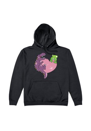 Czarna bluza z kapturem z grafiką fioletowego dinozaura i zielonego misia na różowym brzuszku, z wzorem serca i widocznymi detalami szwów.