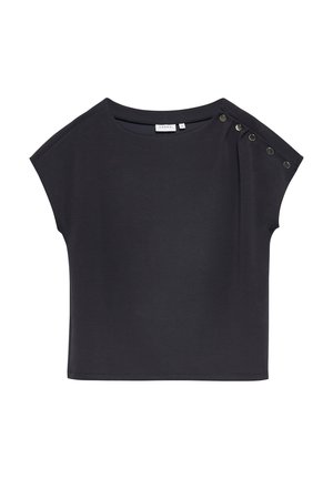 Czarna bluzka z krótkim rękawem, z okrągłym dekoltem i pięcioma dekoracyjnymi metalowymi guzikami na lewym ramieniu, oznaczona rozmiarem 34.