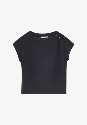 Czarna bluzka z krótkim rękawem, z okrągłym dekoltem i pięcioma dekoracyjnymi metalowymi guzikami na lewym ramieniu, oznaczona rozmiarem 34.