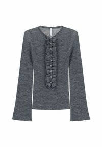 Maglione grigio a maniche lunghe in materiale lavorato a maglia, con un bordo anteriore arricciato con bottoni e un colletto a scollo a V.