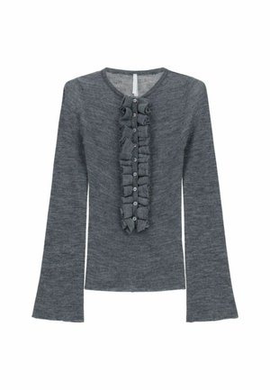 Maglione grigio a maniche lunghe in materiale lavorato a maglia, con un bordo anteriore arricciato con bottoni e un colletto a scollo a V.