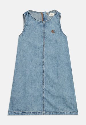 Sleeveless light blue denim dress with round neckline, front seam, and small embroidered "cK" logo on upper left side.