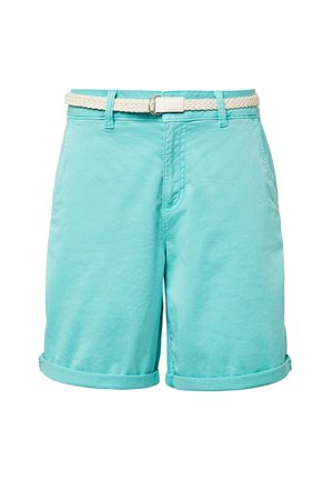 Light blue cotton shorts with a textured white woven belt. Features folded cuffs and front pockets with stitched detailing.