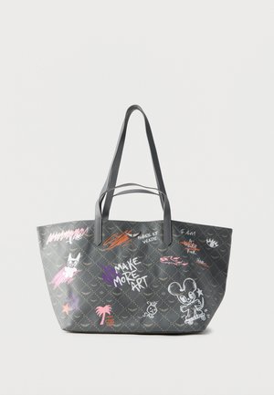 Gray tote bag with double handles, decorated with colorful graffiti-style art and phrases including "MAKE MORE ART" and cartoon characters.