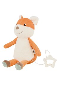 Plush fox toy with orange corduroy and white fur, featuring a smiling face, small brown nose, and star-shaped pull cord. Soft fabric and rounded shape.