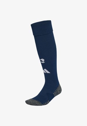 Marineblauwe kniehoge sportsok met gevoerde grijze teen en hiel, met witte logo's op de kuit.