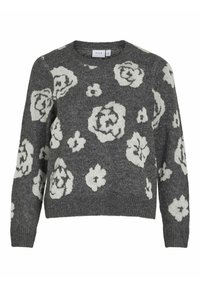 Grauer Strickpullover mit einem floralen Design in Off-White, rundem Halsausschnitt, langen Ärmeln sowie gerippten Bündchen und Saum.