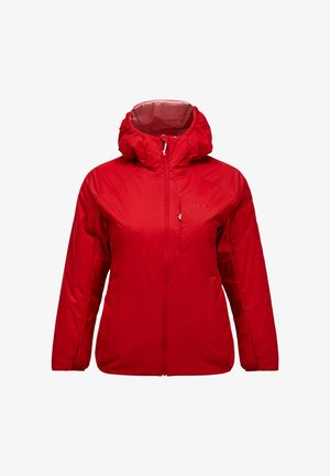 Rode geïsoleerde capuchonjas met ritssluiting aan de voorkant en een borstzak, ontworpen voor bescherming tegen koud weer.