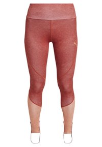 Leggings de sport rouges mélangées avec une ceinture haute, présentant des accents de couture et une texture lisse, conçues pour le confort et la flexibilité.