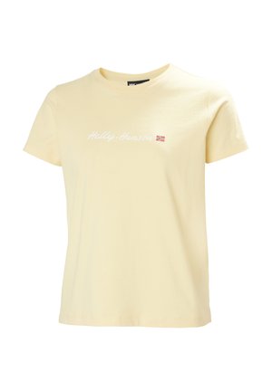 Jasnożółta bawełniana koszulka z krótkimi rękawami, okrągłym dekoltem i białym napisem oraz logo "Helly-Hansen" na piersi.