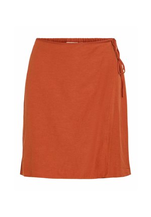 Rozsda színű átlapolt szoknya oldalsó masnival és rugalmas derékrésszel, térdig érő, egyenes szegéllyel.