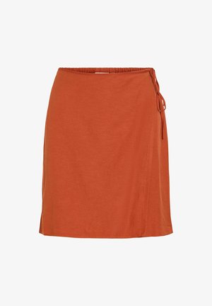 Rozsda színű átlapolt szoknya oldalsó masnival és rugalmas derékrésszel, térdig érő, egyenes szegéllyel.