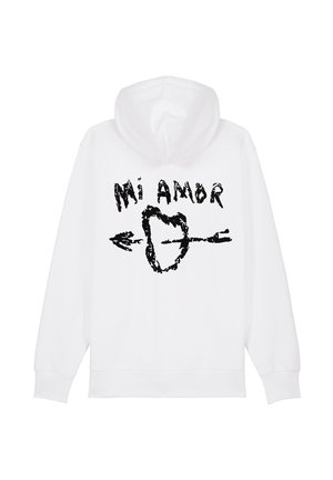 Sweatshirt à capuche blanche avec un imprimé graphique noir portant le texte "Mi Amor" et une forme de cœur transpercée par une flèche. Texture de tissu doux.