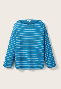 Maglia a maniche lunghe blu con strisce orizzontali grigie, scollo a barca e vestibilità ampia. Realizzata in tessuto morbido con una superficie liscia.