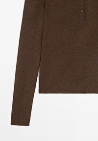 Brown ribbed long-sleeve sweater with a henley neckline and three dark buttons on a white background.