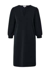 Robe noire mi-genoux avec encolure en V et manches longues bouffantes avec poignets ajustés, présentée sur un fond blanc uni.