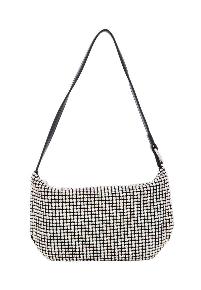 Borsa a spalla nera e bianca decorata con strass, dalla forma curvata, con un'unica tracolla in pelle e una superficie liscia.