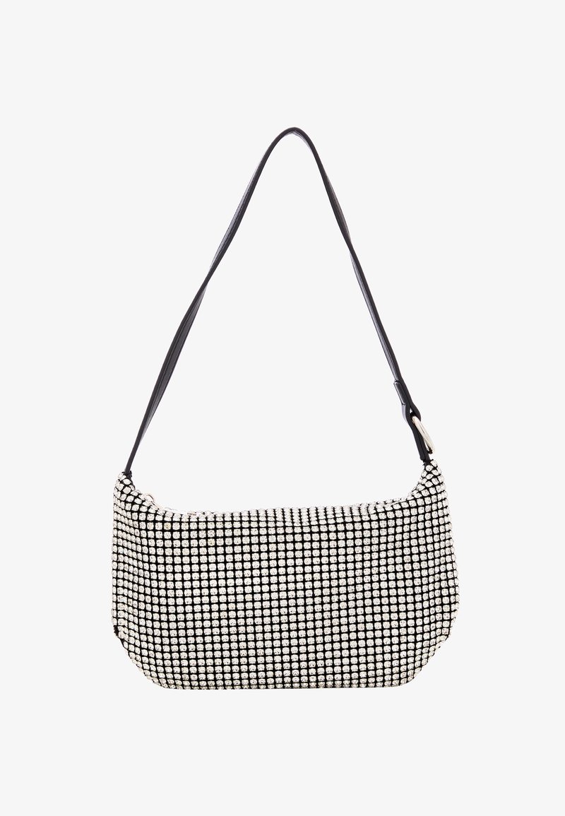Sorte og hvide rhinesten-dekoreret skuldertaske med en buet form, en enkelt læderstrop og en glat tekstur.