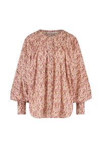 Blouse à manches longues en tissu doux, ornée d'un motif floral rose, jaune et violet, avec un col rond et une fermeture à boutons.