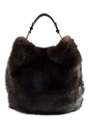 Dark brown fur handbag with a soft texture and a black leather strap attached by gold-tone hardware.