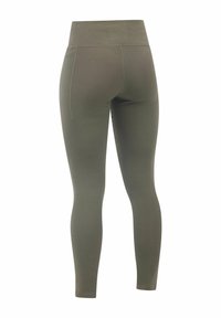 Olijfgroene legging met een hoge tailleband, ribbelstructuur en zonder zichtbare logo's of accenten, ontworpen voor comfort en flexibiliteit.