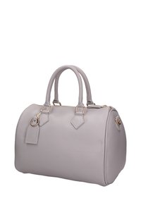 Borsa in pelle grigia con forma arrotondata, doppio manico, hardware in tonalità oro, chiusura con zip e piccolo dettaglio con etichetta. Superficie textured con design strutturato.